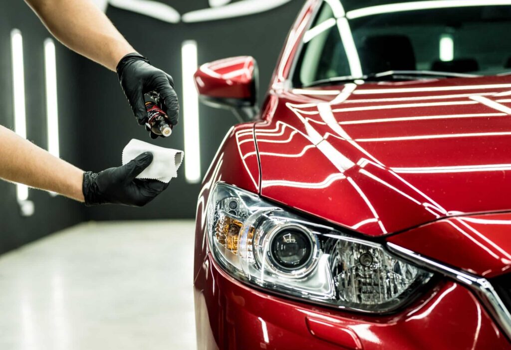 A person wearing black gloves applies polish or wax to the shiny red hood of a car with a cloth, under bright lights in a garage or showroom setting.